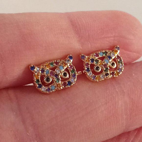 18K Yellow Gold Filled Owl Multi Color Diamond Zircon Stud Earrings Gift - Picture 8 of 8